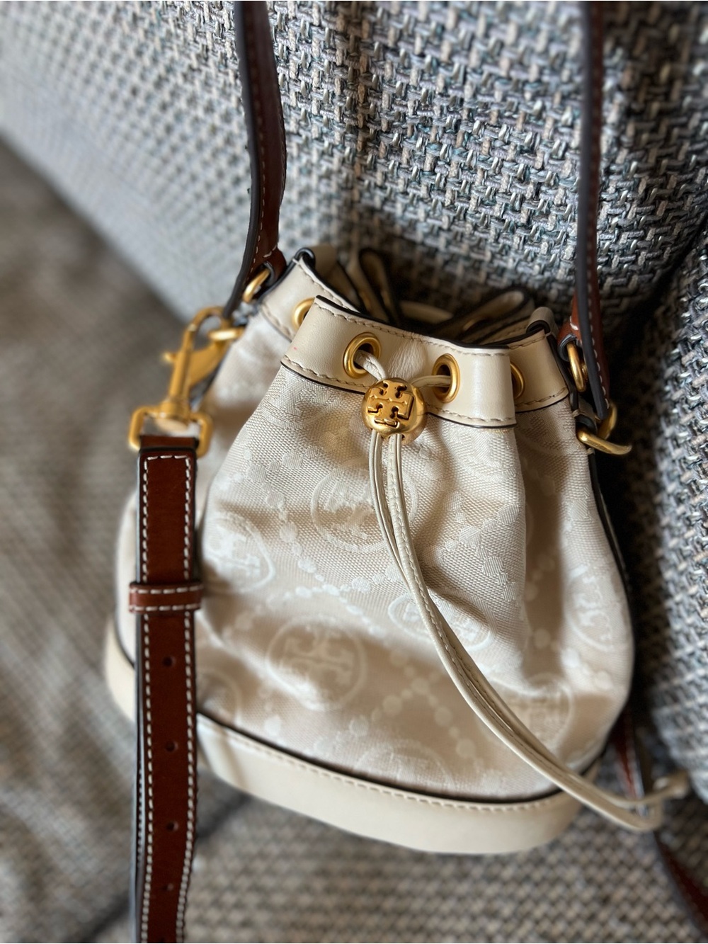 Tory Burch T Monogram Cream Bucket Bag